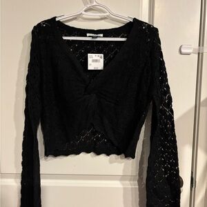 American Eagle Outfitters Black Long Sleeve Tie Front Crop Blouse